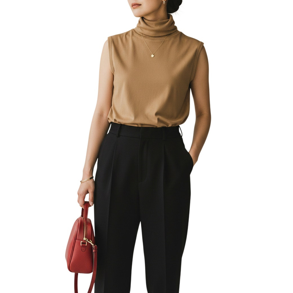 1970s Vintage Camel Sleeveless Turtleneck Knit Top Quiet Luxury Old Money S